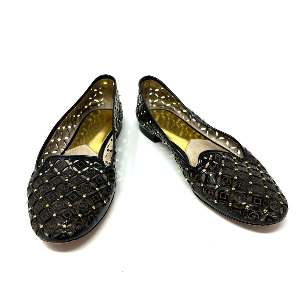 Michael Kors Size 7.5 Flats Brown Leather Studded Cut Out Breathable Intricate‎